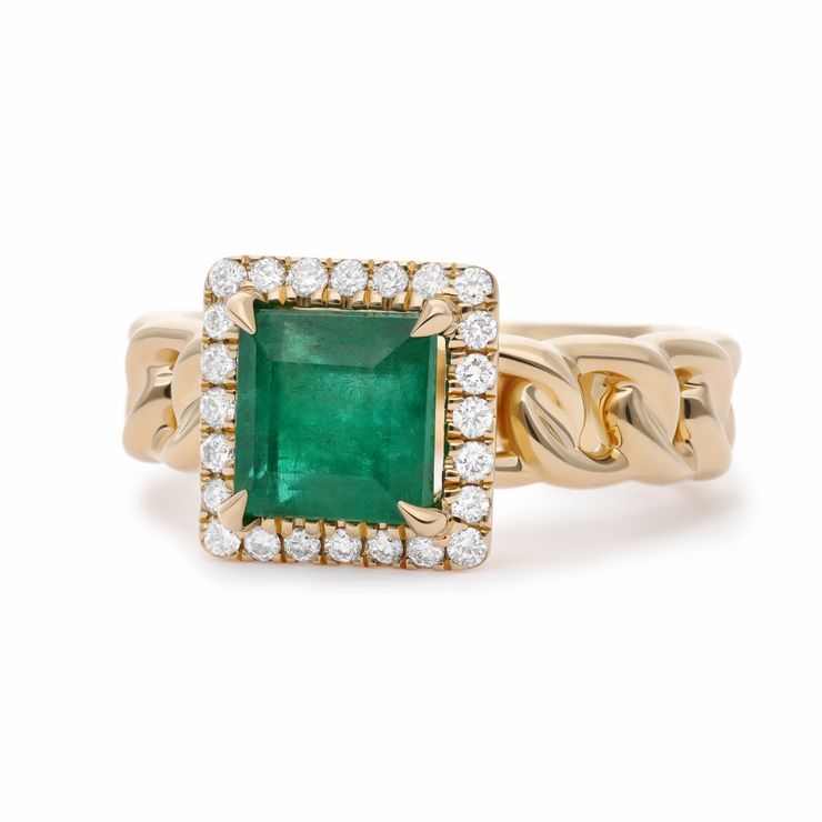 Custom bespoke princess cut emerald diamond halo engagement ring yellow gold with chain style inspired band copy