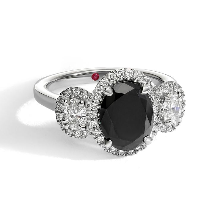 Black and white diamond trilogy halo style engagement ring sq