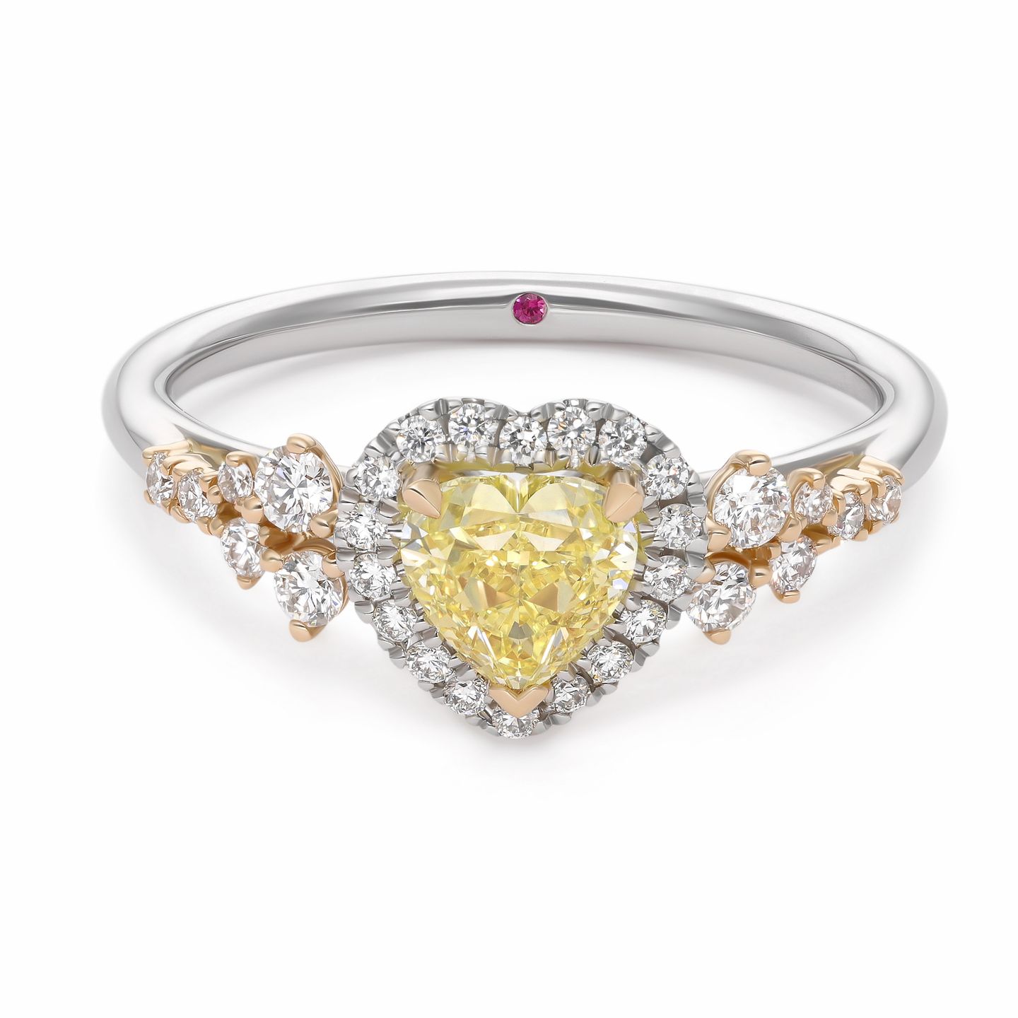 Customised marula heart shaped yellow diamond with round accent stones mixed metal white gold rose gold copy
