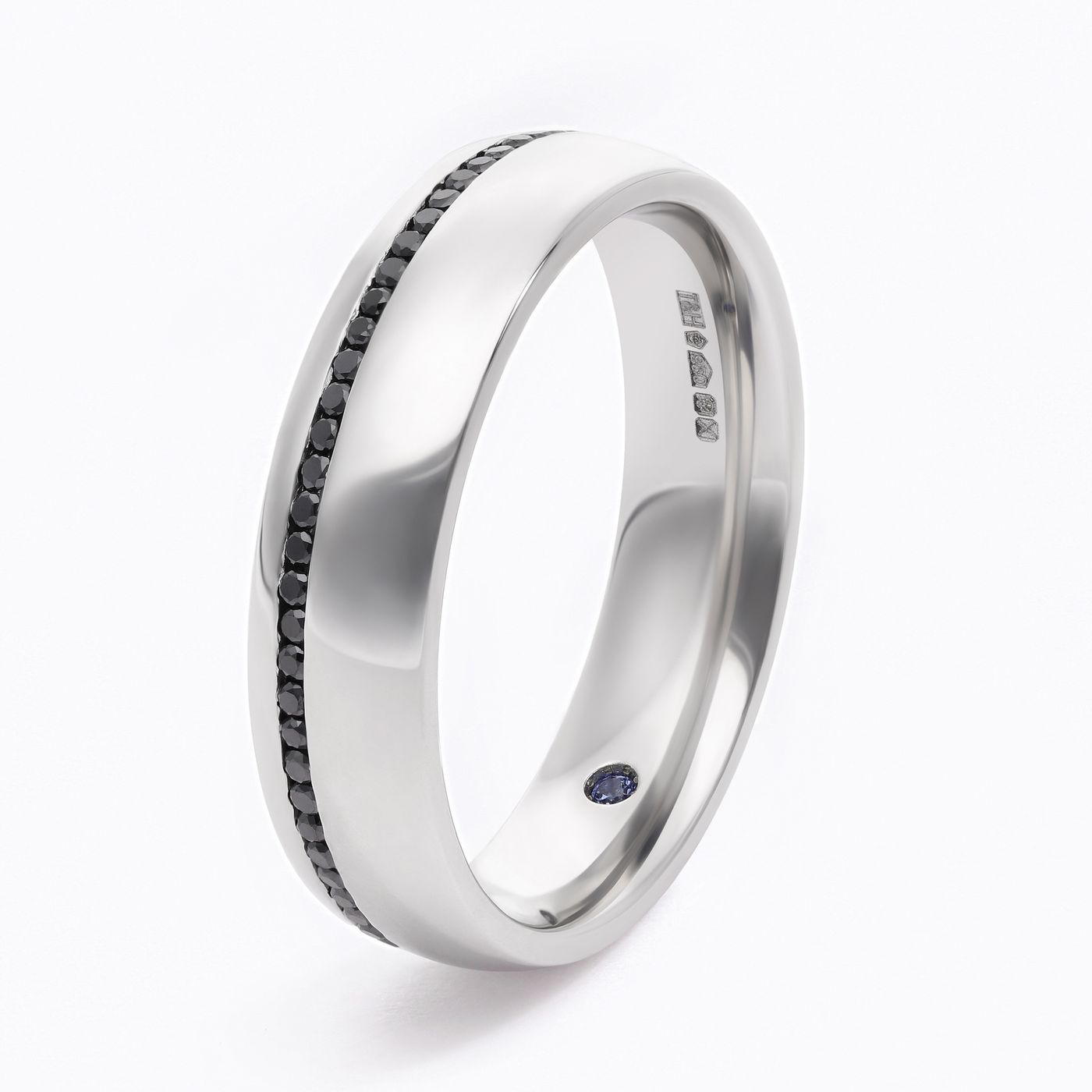 Mens custom wedding ring brushed texture platinum with black diamond pave sq