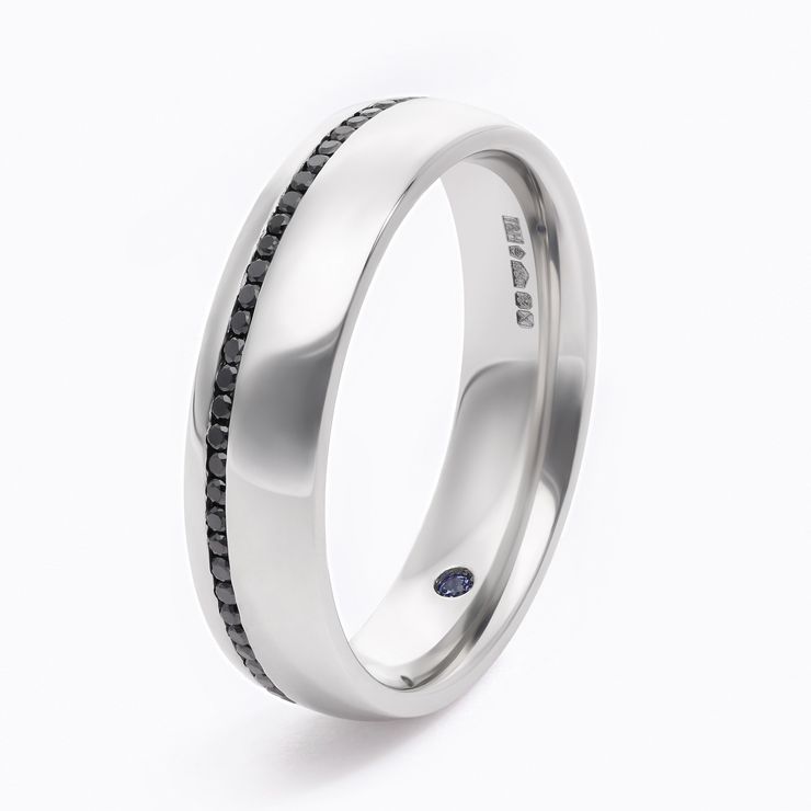 Mens custom wedding ring brushed texture platinum with black diamond pave sq