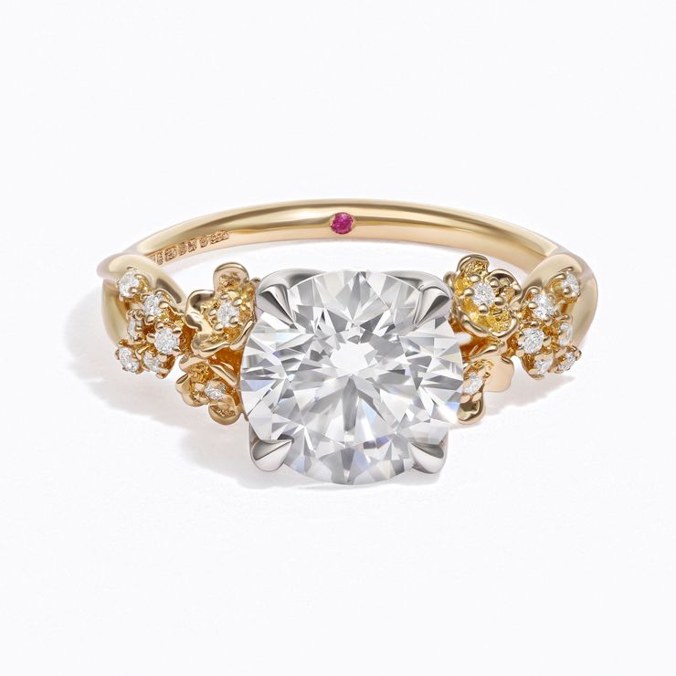 Round diamond floral flower inspired engagement ring yellow gold blossom details