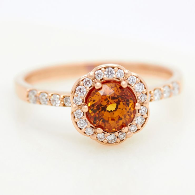 Round orange sapphire flower inspired rose gold halo engagement ring