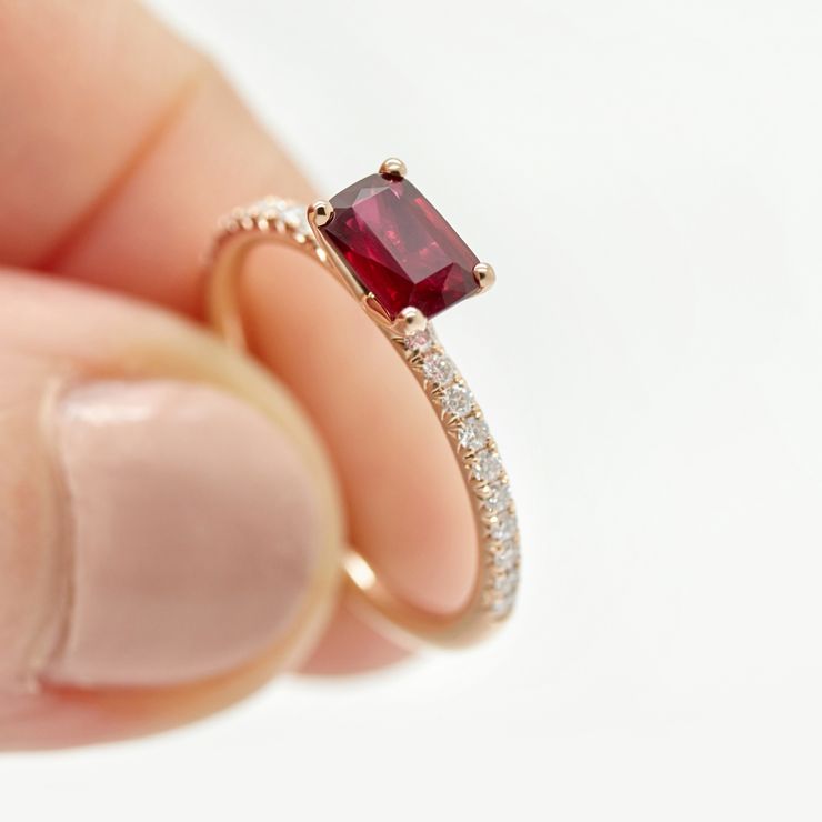 Ruby emerald cut rose gold engagement ring