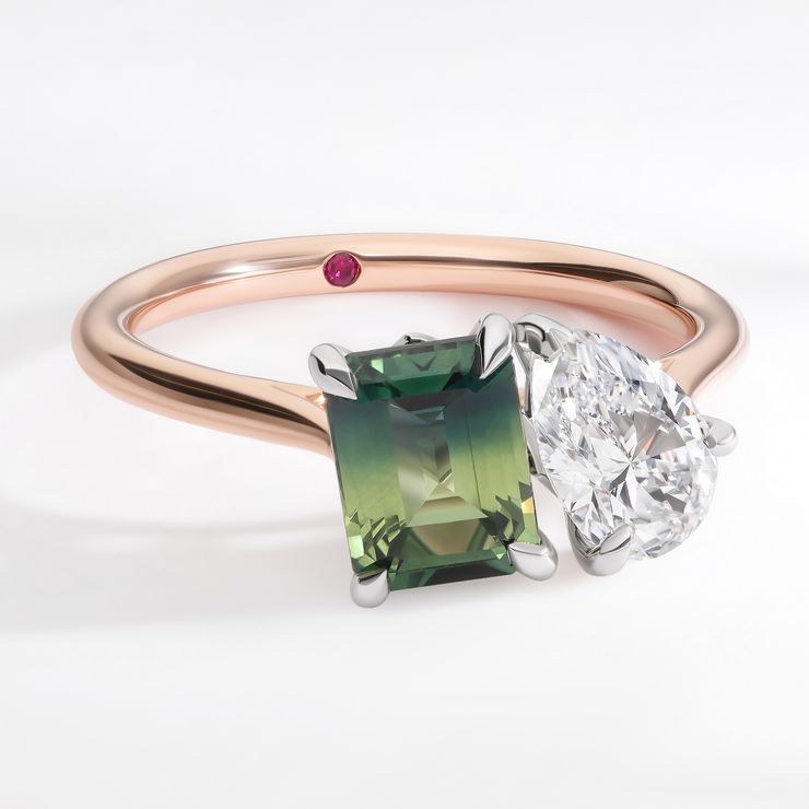 Customised turelle bi colour emerald cut sapphire with pear diamond Toi et Moi engagement ring mixed metal platinum rose gold 2 square