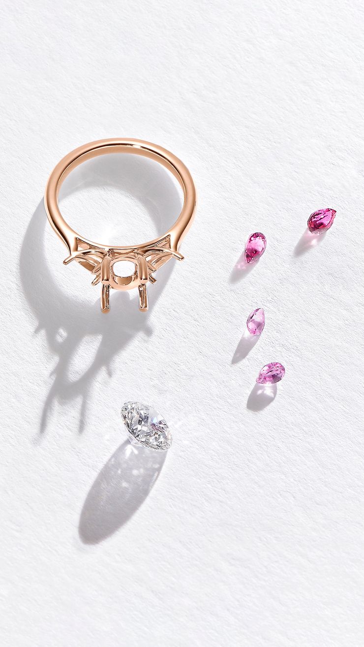 Deconstructed round faith engagement ring platinum pink pear sapphires sides rose gold