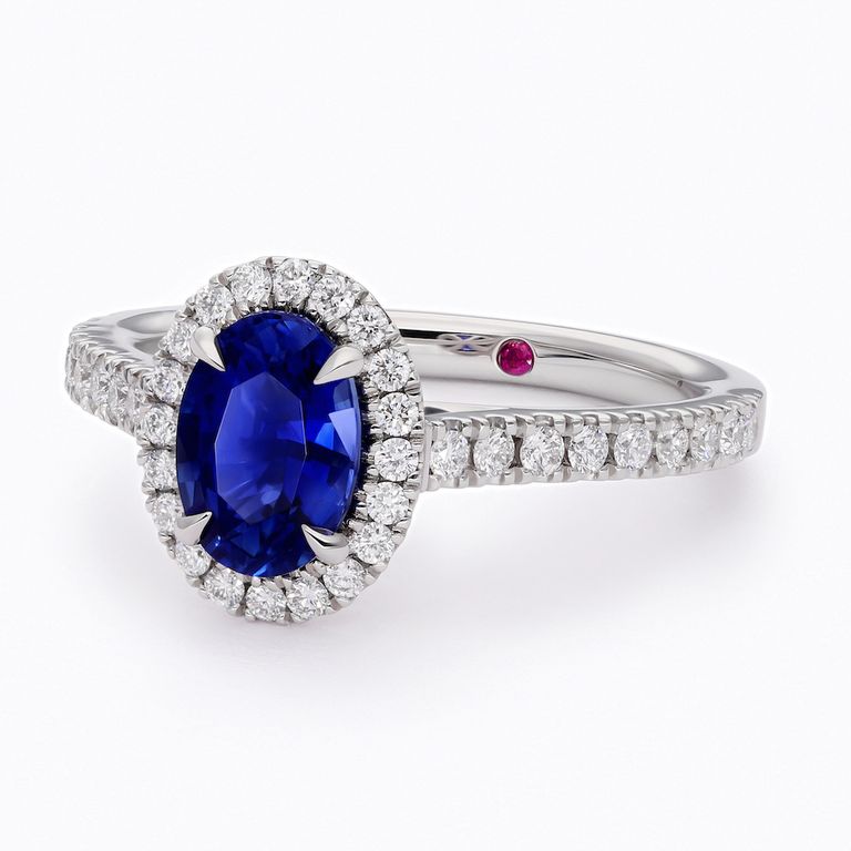 Oval blue sapphire allure engagement ring halo platinum copy