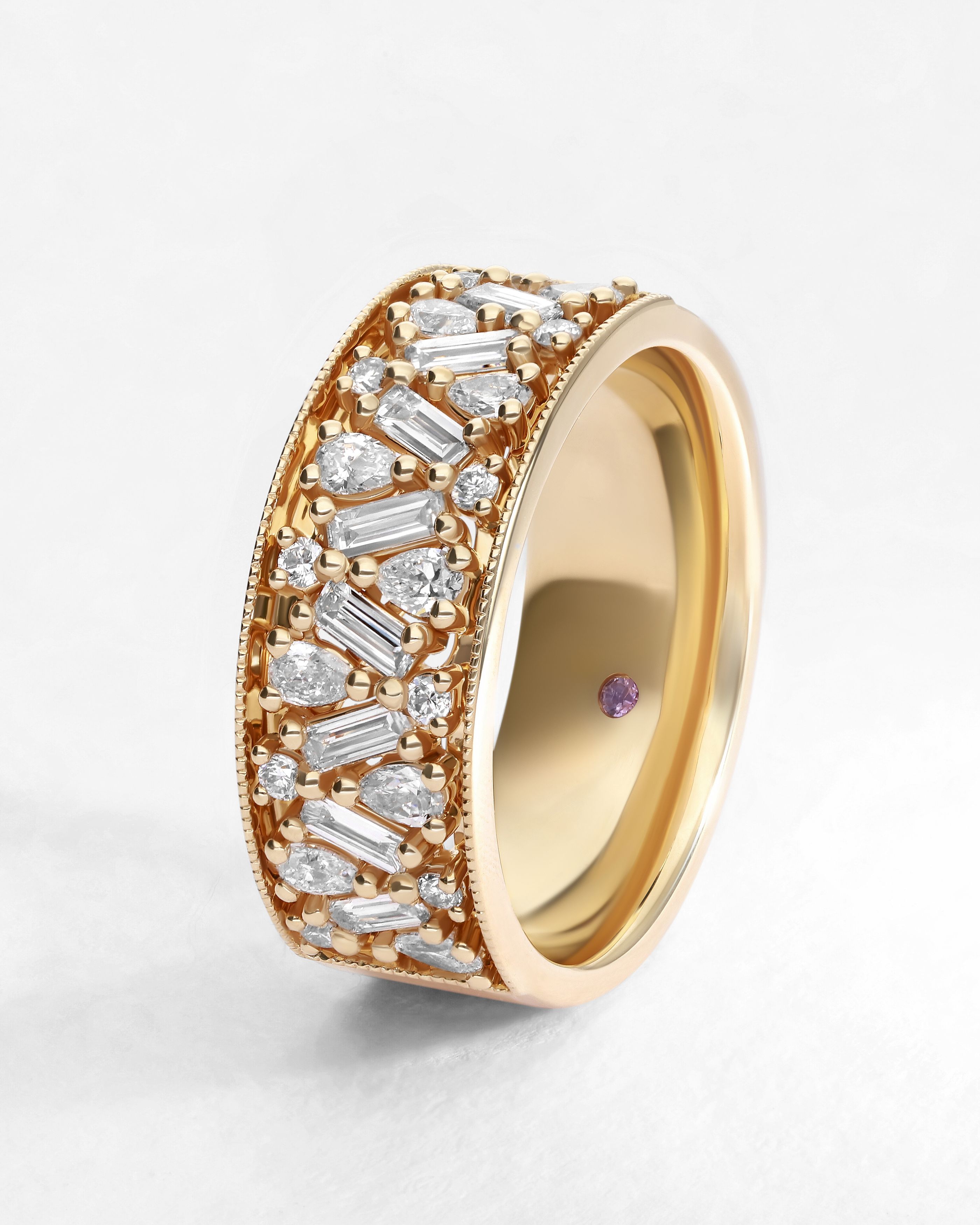 Yellow gold diamond wedding band with mixed cuts