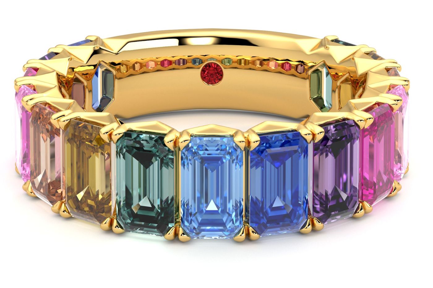 Yellow gold eternity ring with multicolour emerald-cut stones