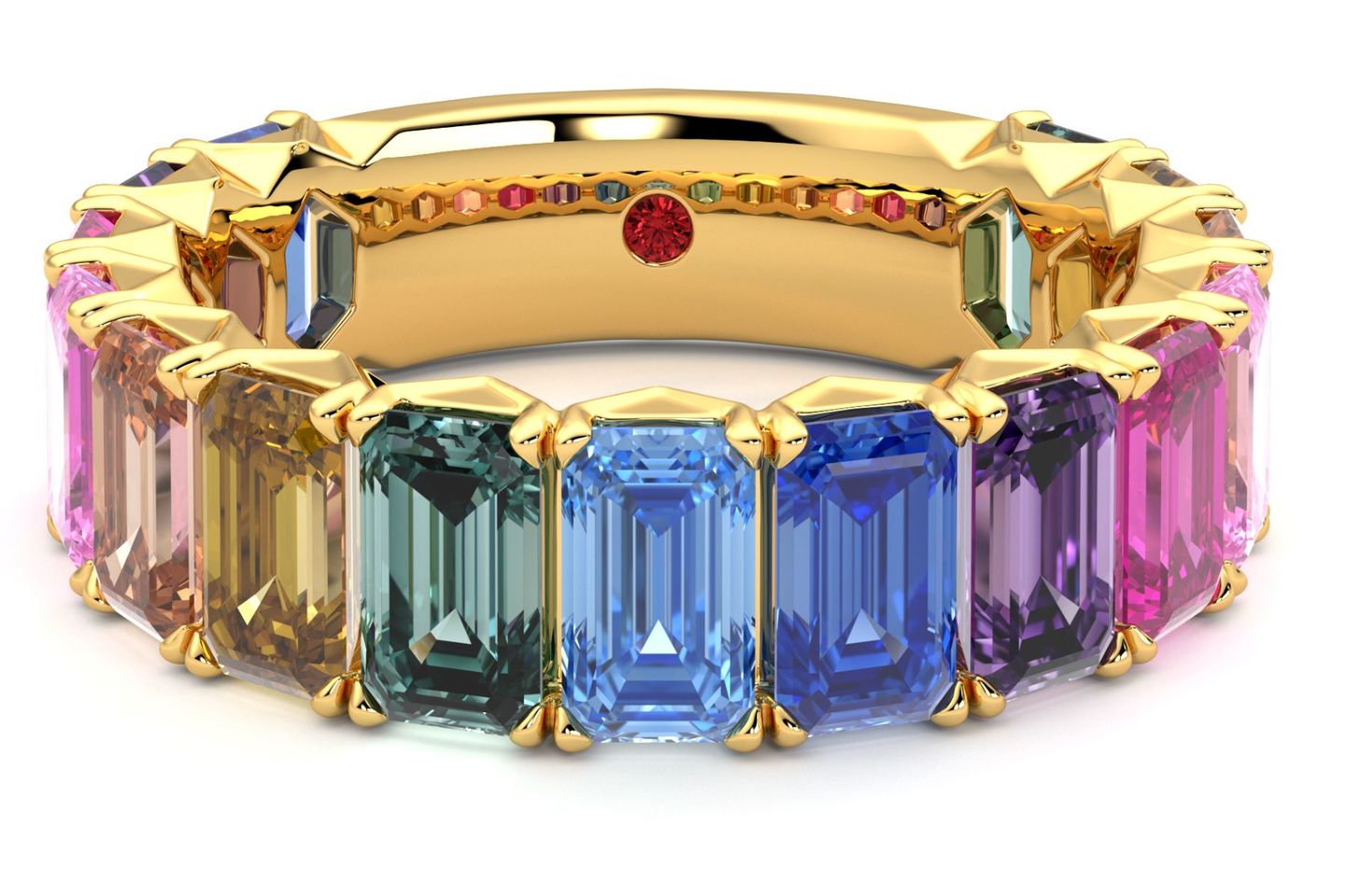 Yellow gold eternity ring with multicolour emerald-cut stones