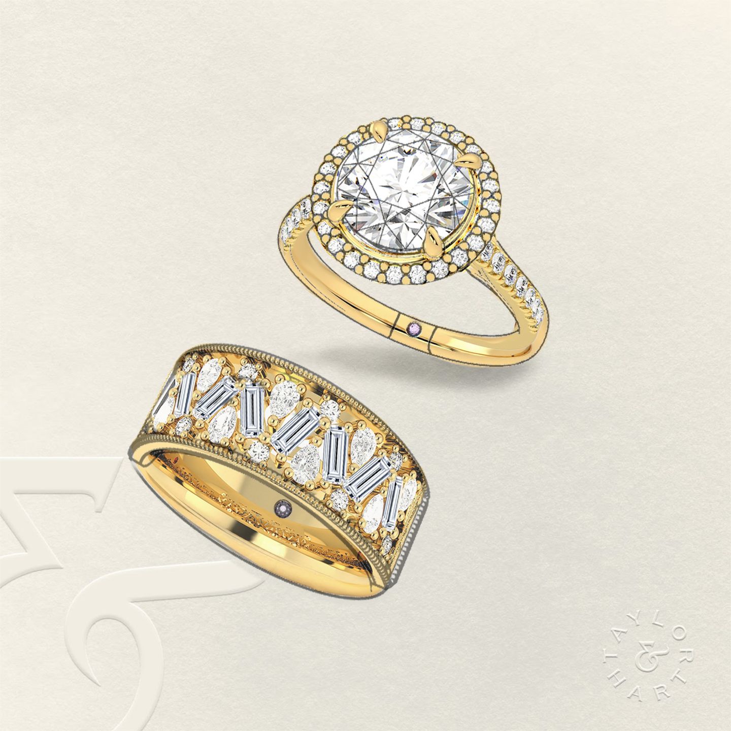 Yellow gold engagement and wedding rings with diamonds
