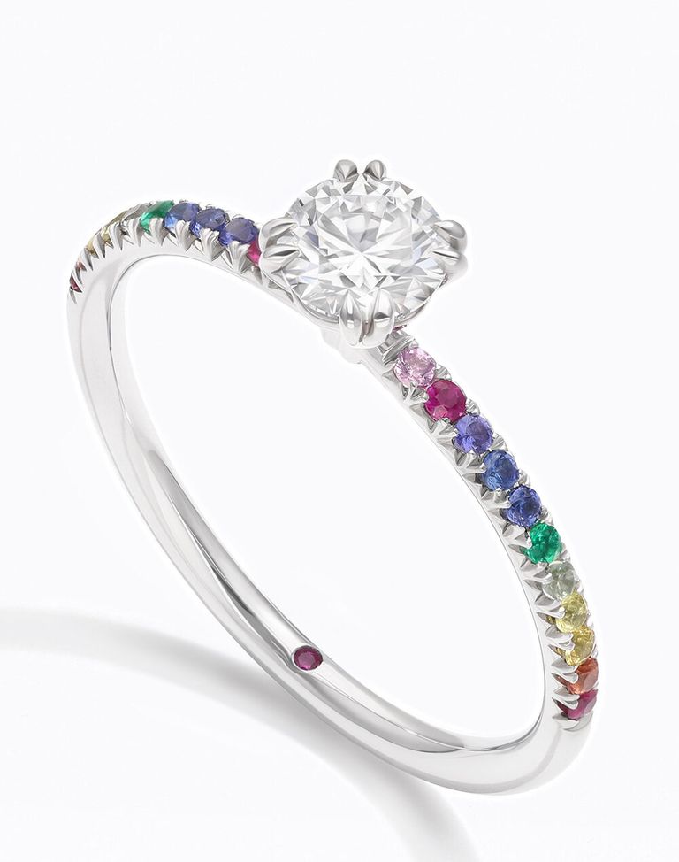 Rainbow gemstone pave ombre engagement ring band with round diamond