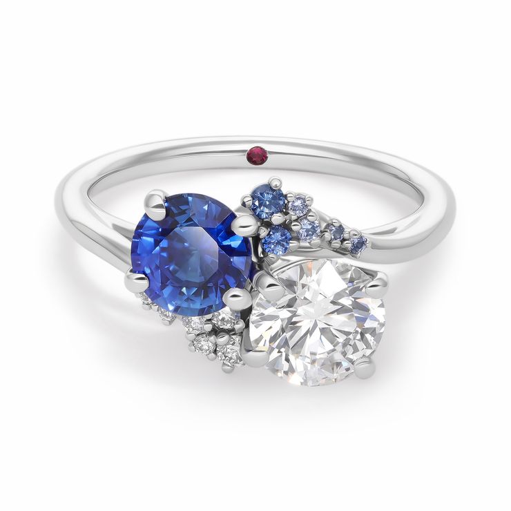 Besso Toi et Moi two stone engagement ring with round diamond round blue sapphire with ombre blue sapphire cluster accent stones sq
