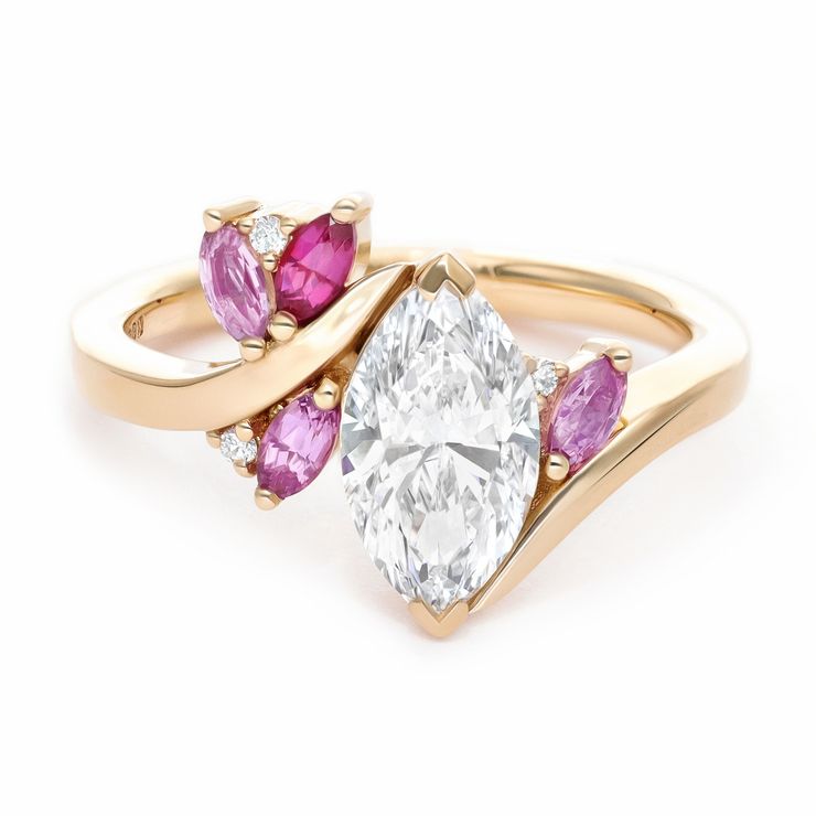 Custom asymmetric colourful engagement ring yellow gold with lab-grown marquise diamond and pink sapphire accent stones