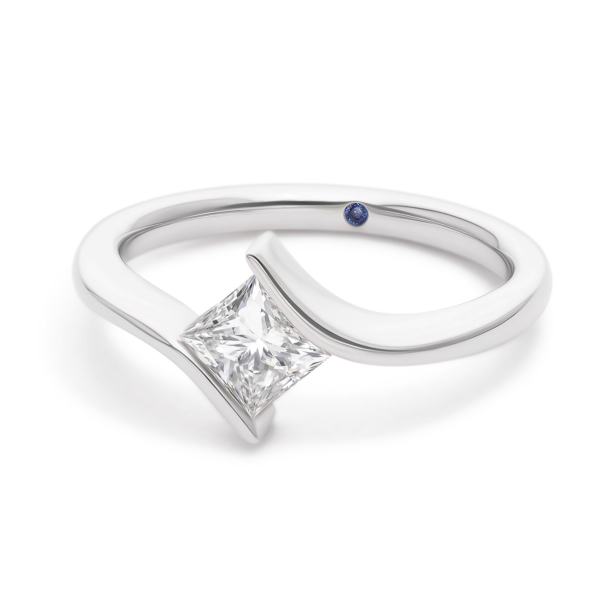 Custom asymmetric platinum sculptural engagement ring with princess cut diamond centre