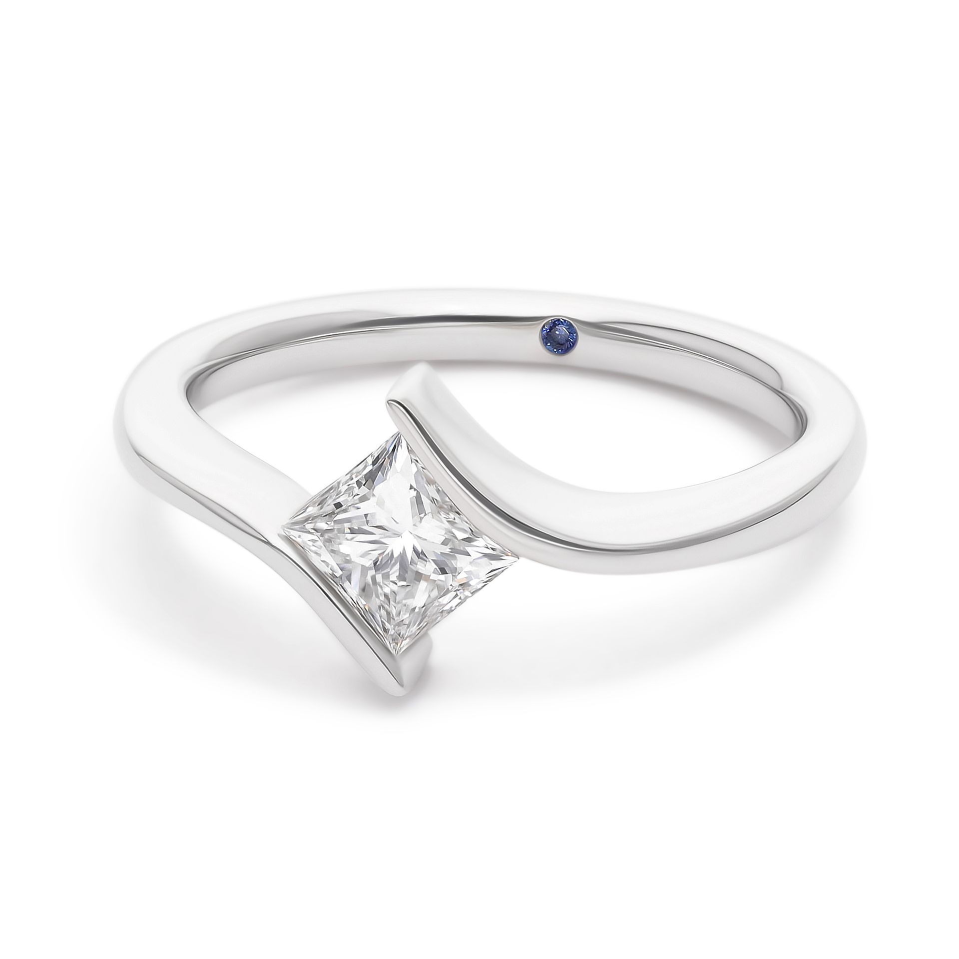 Custom asymmetric platinum sculptural engagement ring with princess cut diamond centre