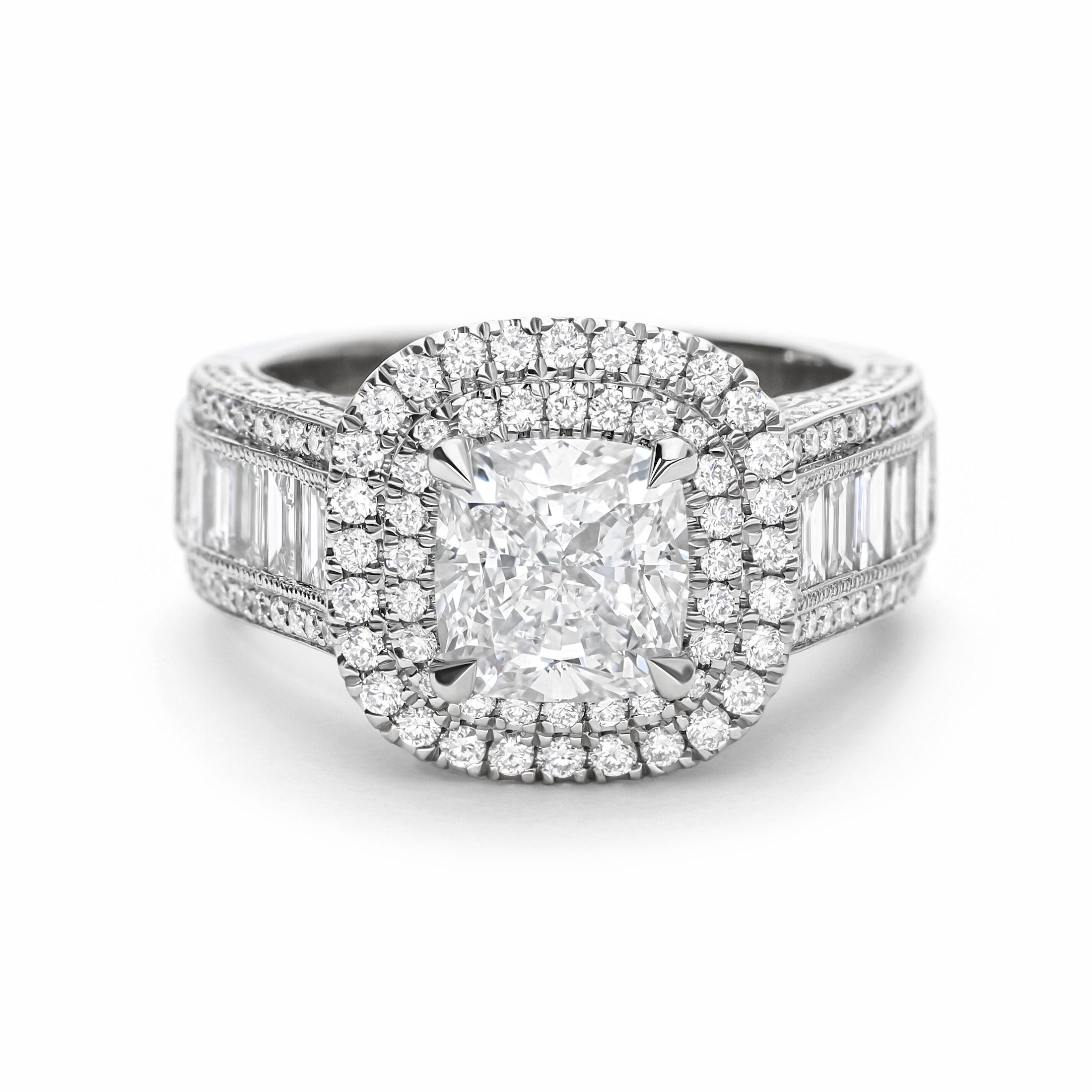 Double halo cushion diamond engagement ring with baguette band and round diamond pave double triple row band