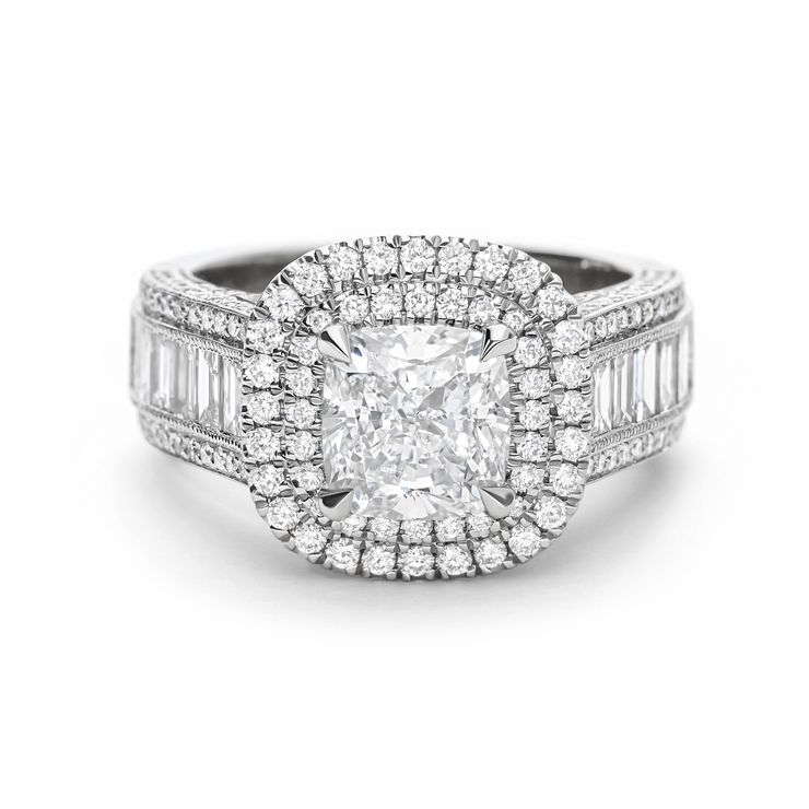 Double halo cushion diamond engagement ring with baguette band and round diamond pave double triple row band
