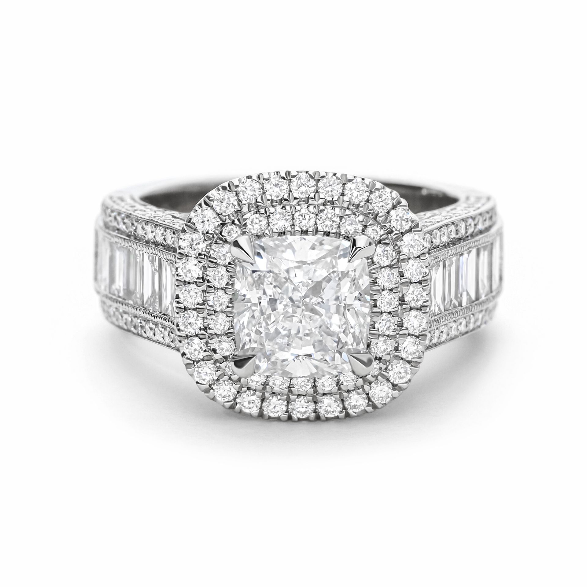 Double halo cushion diamond engagement ring with baguette band and round diamond pave double triple row band