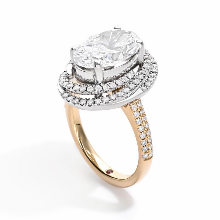 Double halo twirled gradient engagement ring mixed metal oval diamond