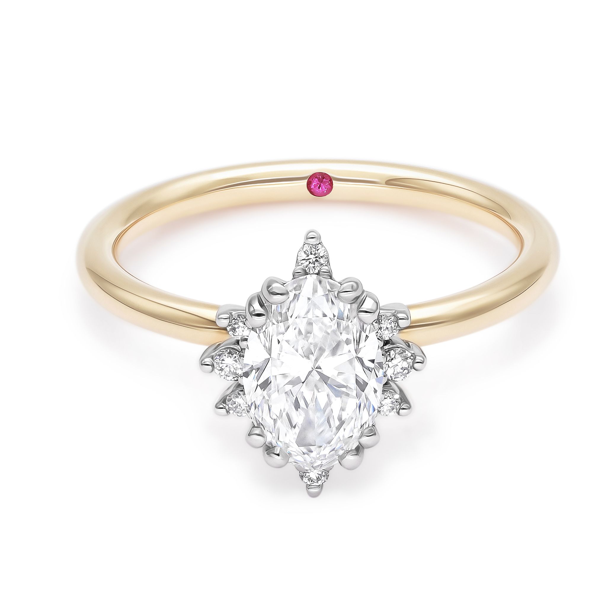 Oval diamond halo engagement ring mixed metal yellow gold platinum