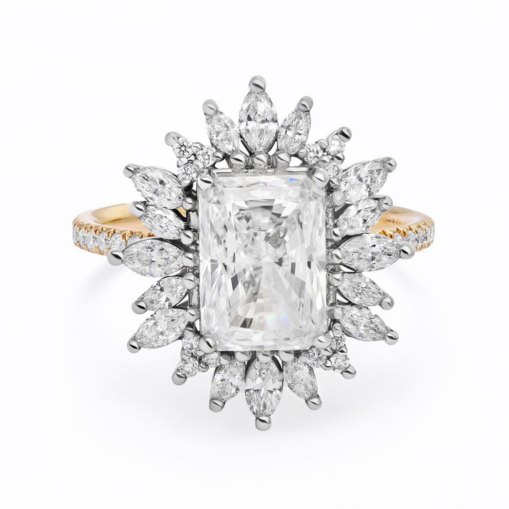 Sunflower inspired cluster halo engagement ring featuring two tone metals and marquise diamonds