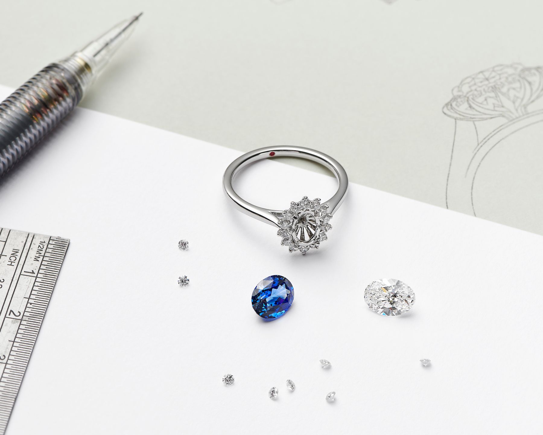 Custom ring creation with gemstones and sketch