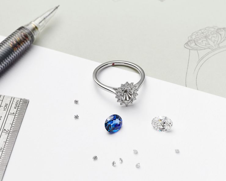 Custom ring creation with gemstones and sketch