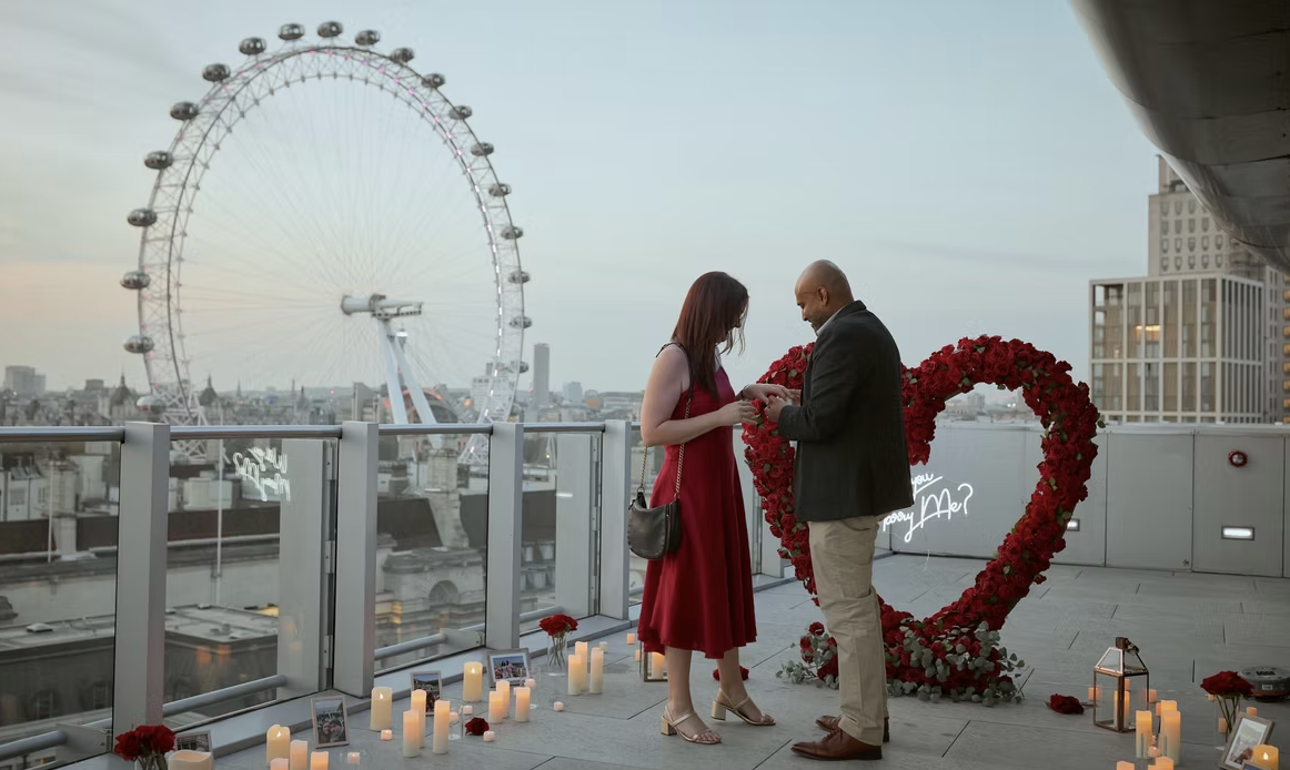 Romantic rooftop proposal overlooking the London Eye
