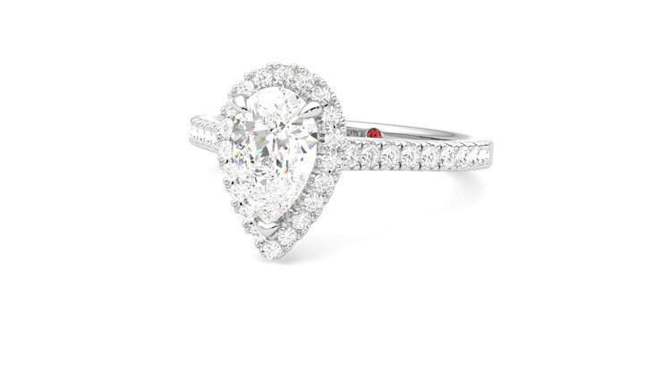 Round Brilliant Cut Halo Diamond Engagement Ring, Bezel Set Centre Stone in  a Fine Bead Set Halo on Flat Band with an Open Undersetting.